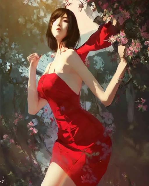 Image similar to elegant ada wong in a red cottagecore dress, portrait, illustration, rim light, top light, summer clear blue sky, perfectly shaded, soft painting, art by krenz cushart and wenjun lin