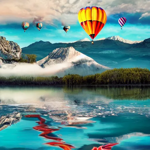 Image similar to photo of two black swans touching heads in a beautiful reflective mountain lake, a colorful hot air balloon is flying above reflecting off water, hot air balloon, intricate, 8k highly professionally detailed, centered, HDR, CGsociety