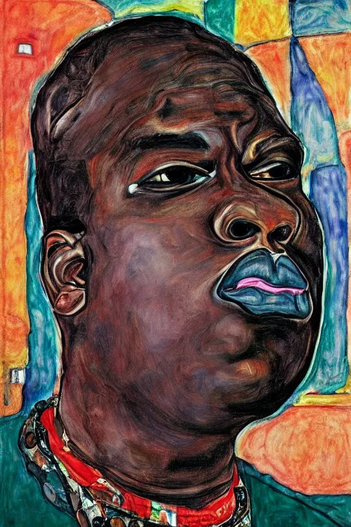 Image similar to a portrait of biggie smalls in style of egon schiele, masterpiece, hyperdetailed, complex, intricate, old school, 9 0 s, 4 k, trending on artstation