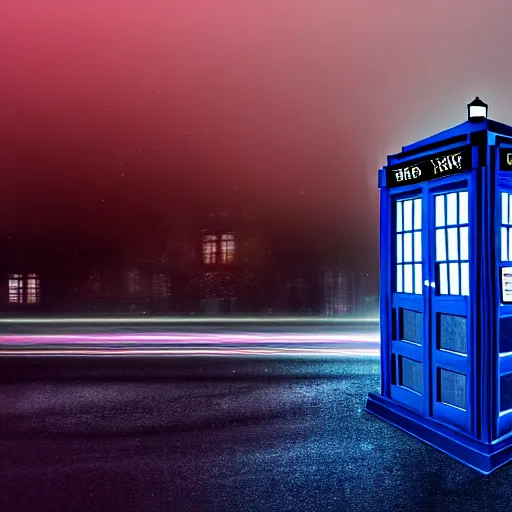 Image similar to a hyperdetailed photograph of the tardis sat on a futuristic street corner, night, dense fog, rain, hd, 8 k resolution