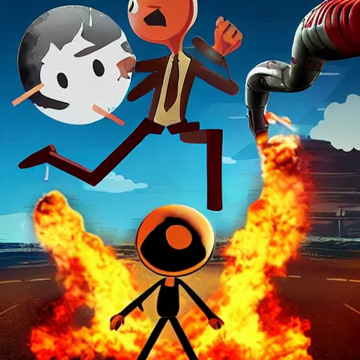 Image similar to poster of the game with the stickman figurine and with explosions on the background, cartoon, newgrounds cartoon