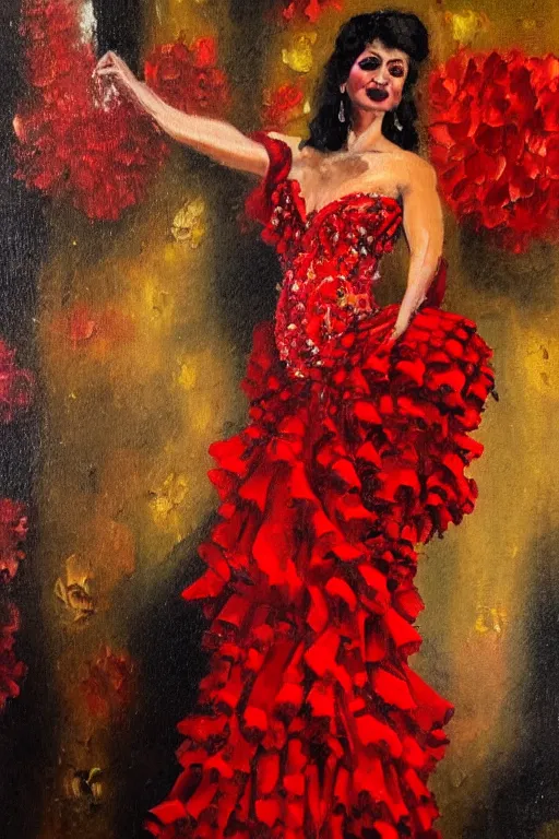 Prompt: vintage detailed oil painting of spanish flamenco dancer in mallorca wearing a red dress made of flowers, dimly lit by candles on the ground, looking away, dark shadows, photo realistic, extreme detail skin, no filter, slr, 4 k, high definition