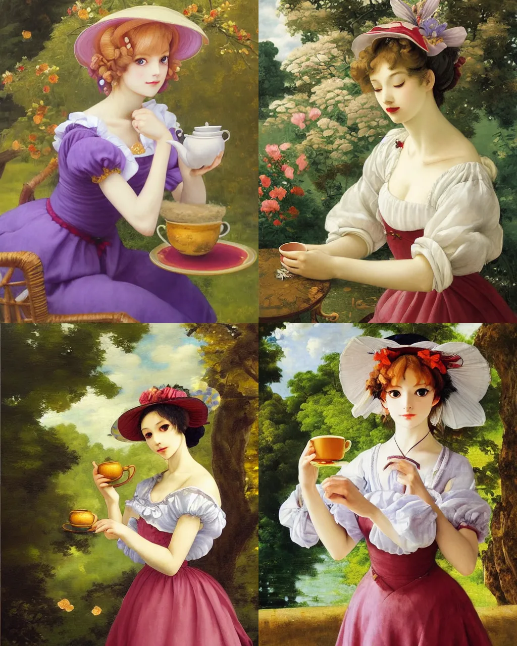 Prompt: oil painting of elegantly dressed touhou character drinking tea in a dreamy garden, beautiful symmetrical face and body, rule of thirds, golden ratio, oil on canvas, highly detailed, warm color scheme art rendition, soft lighting, sharp focus, unique art rendition by adelaide labille - guiard, artemisia gentileschi