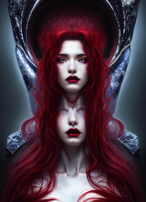 Image similar to a photorealistic detailed image of a beautiful stoic vampire in sci - fi bionic armor with flowing hair, black and red only, intricate, elegant, highly detailed, digital painting, artstation, concept art, smooth, sharp focus, illustration, art by hana yata, artem demura, alphonse mucha, octane render, unreal engine, 8 k