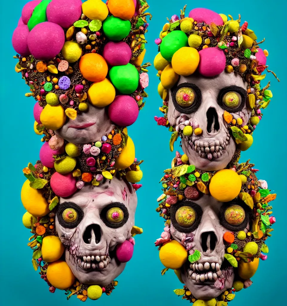 Prompt: headshot of a trickster nature zombie, head made of fruit gems and flowers in the style of arcimboldo, fragonard, photorealistic, dynamic lighting, action figure, clay sculpture, claymation, turquoise pink and yellow, rainbow stripe backdrop