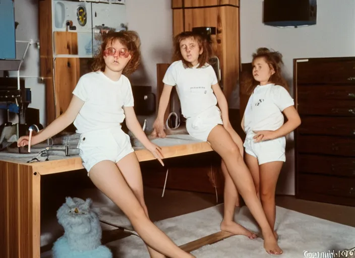 Image similar to realistic photo of a three young female birdman wearing white shorts, watching at a levitating fluffy furry cloud, in a living room sci - fi laboratory with many wooden gadgets made of wood interior is made of wood 1 9 9 0, life magazine reportage photo, natural colors