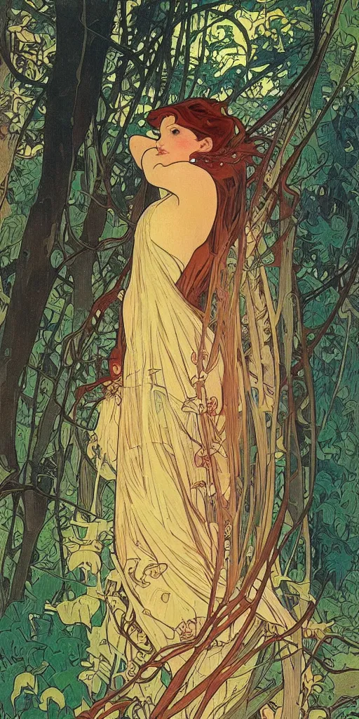 Image similar to a beautiful illustration of a beautiful lady in the forest, autumn, golden hour, alphonse mucha, moebius, cinematic