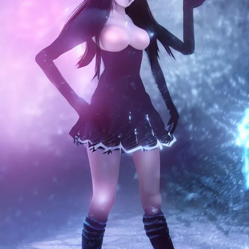 Prompt: photorealistic full body shot of masterpiece angry darkness anime girl, beautifull lovely eyes, posing, electric aura with particles, snowing frozen ice, darkness background, inspired by masami kurumada, detailed, unreal engine 4 k, volumetric light, fog