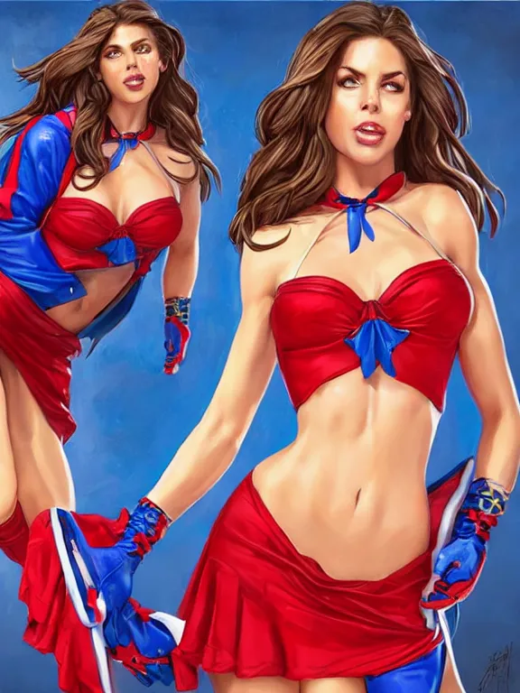 Prompt: full body ultra realistic air spray Adriana Chechik is a teenage witch in red and blue cheerleader uniform, mini skirt, magic overlays, sexy, generous cleavage open jacket, mystique, D&D, fantasy illustration, highly detailed, digital art, intricate, high detailed, painted by artgerm, guweiz, artstation, digital painting, character design, trending on artstation, smooth, sharp focus
