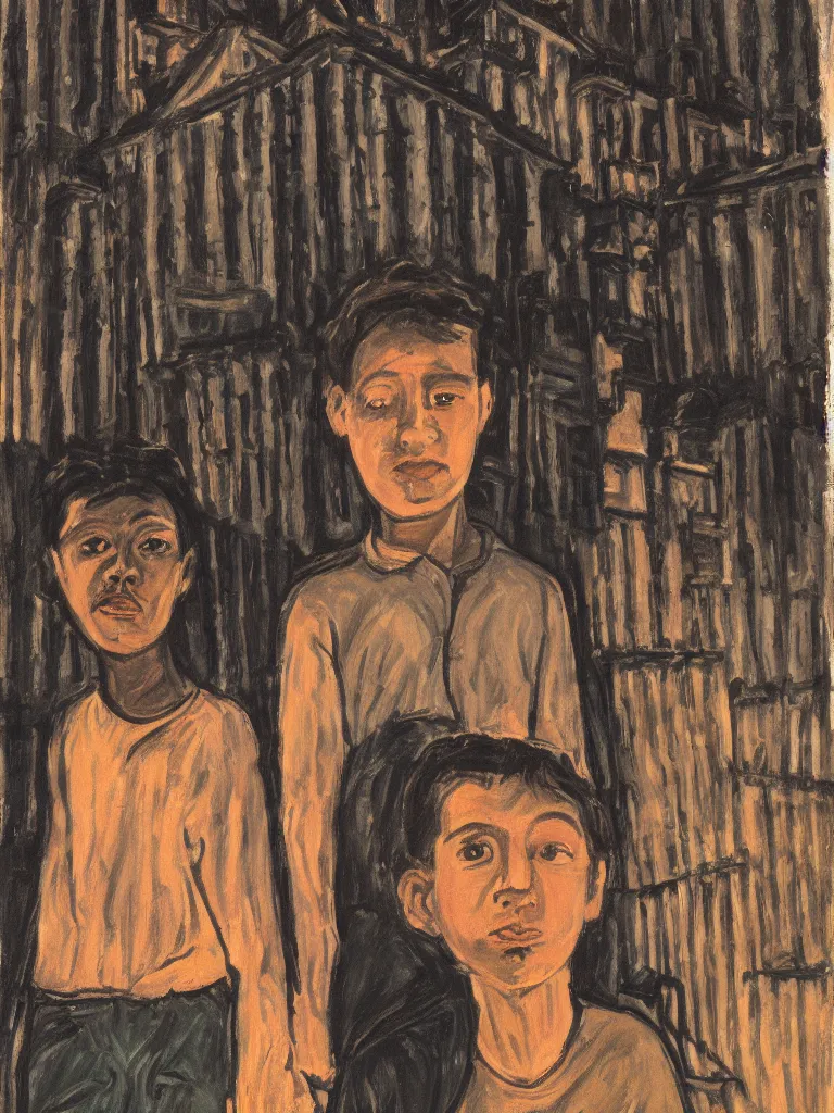 Prompt: backlit portrait of 2 kids posing at night, by alice neel, high definition, intricate details, atmospheric, town square, dark, vegetation, small town, god light