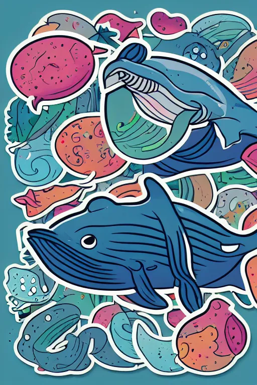 Image similar to Whale, sticker, anthropomorphic, colorful, fantasy, artstation, illustration, highly detailed, simple, smooth and clean vector curves, no jagged lines, vector art, smooth