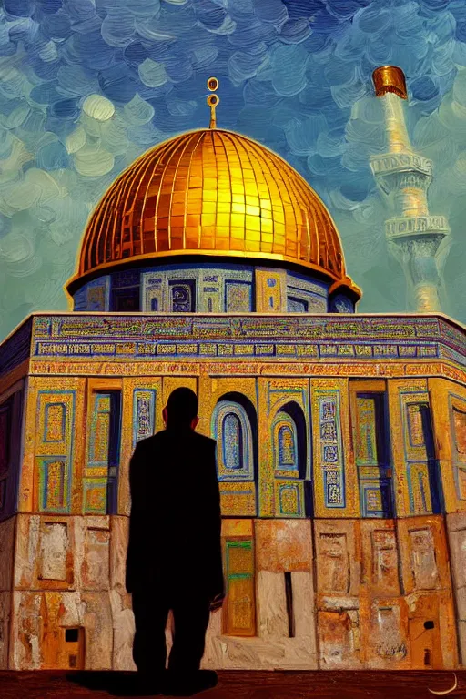 Prompt: a beautiful oil painting flyer design illustration of dome of the rock jerusalem and a man is praying to god in front of it, intricate, elegant, highly detailed, digital painting, artstation, concept art, smooth, sharp focus, illustration