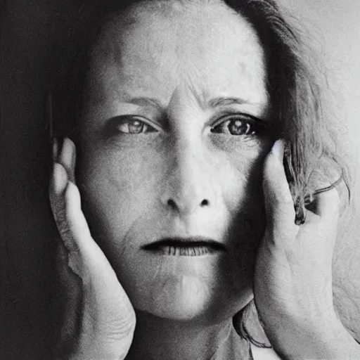 Prompt: woman looking herself in a broken mirror, close, detailed, by annie leibovitz, photography