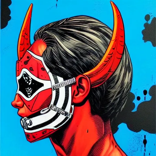 Image similar to a profile photo of a devil with a diving oxygen mask with side profile blood in ocean intricate details by MARVEL comics and Sandra Chevrier-C