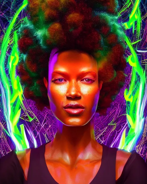 Image similar to a powerful energy psychedelic matrix afro american woman, by alexander fedosav, hyper detailed digital matte painting, concept art, hyperrealism, 1 6 k resolution, cinema 4 d, 8 k resolution, trending on artstation, behance hd, a masterpiece, by stephan martiniere, particles, cel - shaded, power bright neon energy, by david a. hardy