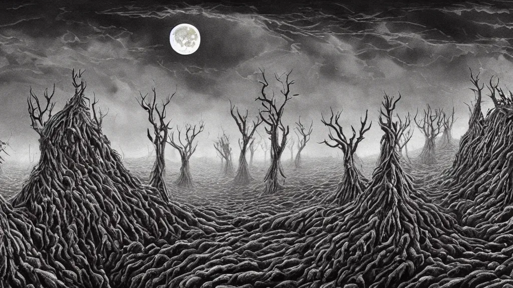 Prompt: detailed stylized horror illustration of the dead and dried up oceans, ethereal world of dead oceans and lifeless endless deserts, under a pale dead moon, a dried and desiccated world, folk horror artwork, dramatic dark eerie lighting, horrific surreal nightmare, 8k resolution artwork, horror art, eerie, creepy, trending on artstation, painting, elaborate excellent painted illustration, smooth, sharp focus