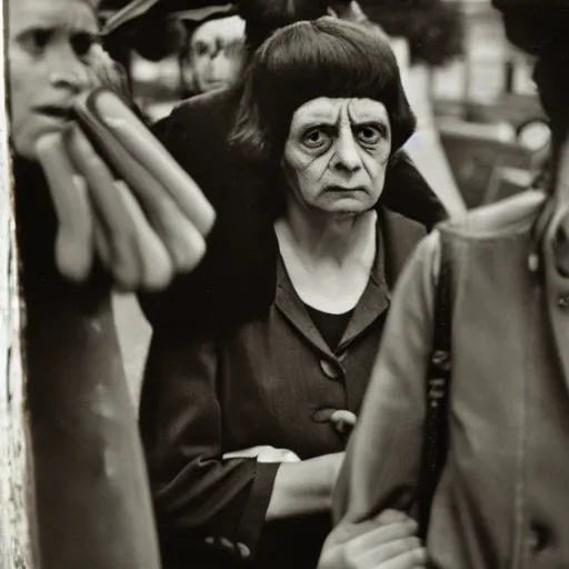 Image similar to high quality, high detail, ultra sharp photograph by diane arbus and vivian maier, hd, strange faces, intense fear of unknown, photorealistic lighting