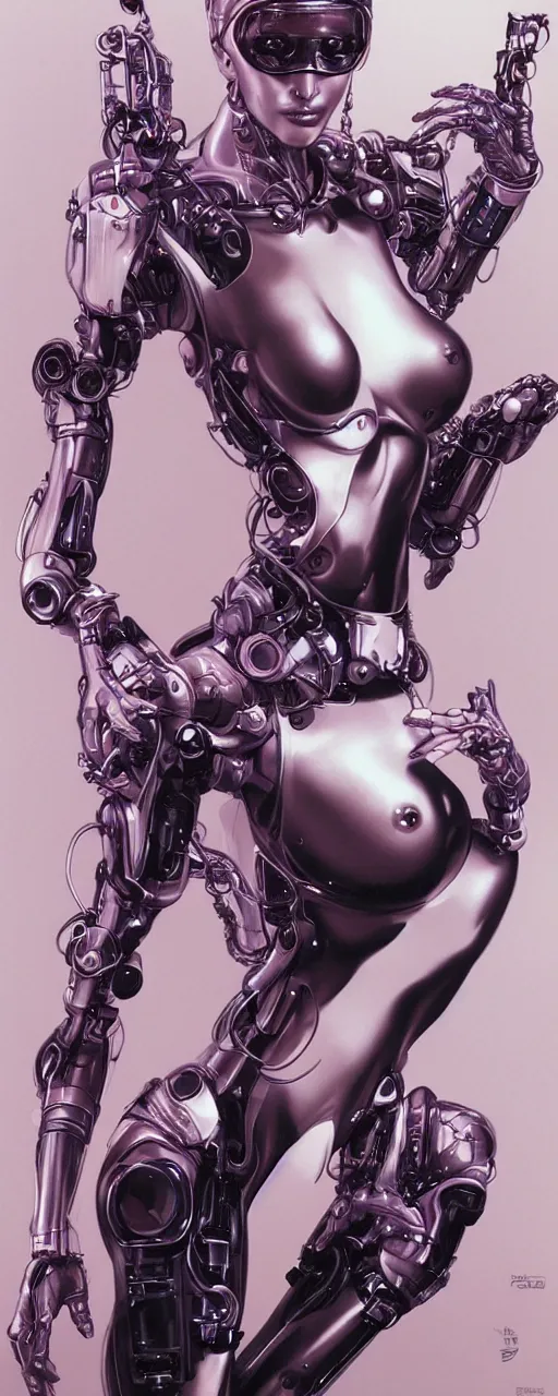 Image similar to beauty cyberpunk woman, robotic, trending on artstation, by Hajime Sorayama and Boris Vallejo