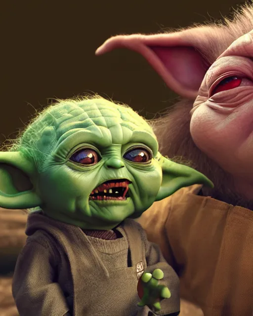 Prompt: an adorable portrait of screaming chucky doll and grogu, baby yoda chasing tourists comfortably next to yoda, disney, in the style of pixar, photorealistic, 4 k, high resolution