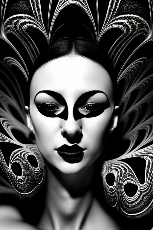 Prompt: portrait of a young beautiful woman with a mask. contemporary photograph, speed painting, fractal, mandelbulb. black and white, black on black. intricate, elegant, super highly detailed, professional digital painting, smooth, extreme illustration, Unreal Engine 5, Photorealism, HD quality, 8k resolution, 3D, beautiful, cinematic, art. art deco, man ray.