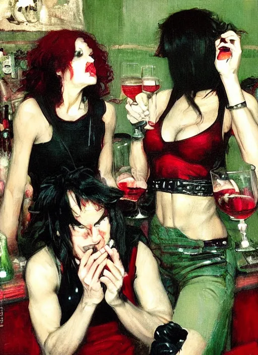 Prompt: glam rockers drinking brutal and raw wine, inside a green room with red lights by john william waterhouse, phil hale, extremely detailed