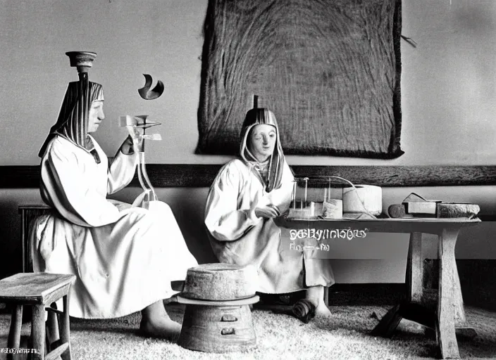 Image similar to realistic photo two medieval female scientists doing an experiment with a cloud and rainbow, living room interior is made of wood 1 9 9 0, life magazine reportage photo