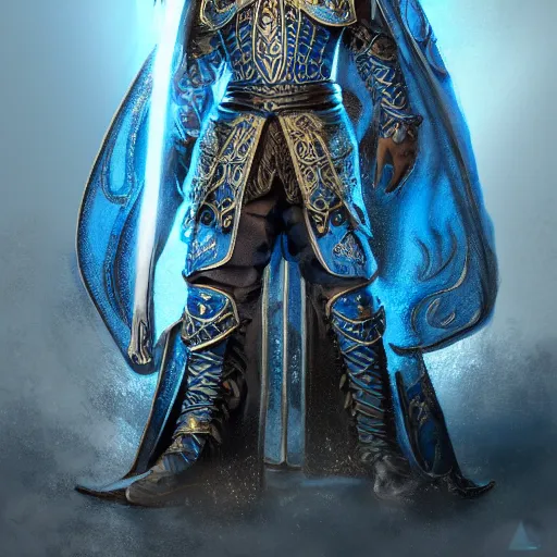 Image similar to concept art, full body portrait of king sorcerers, ornate, blue and silver, armor, robes, hyperrealistic, 4 k, unreal engine, highly detailed, dramatic lighting, beautiful