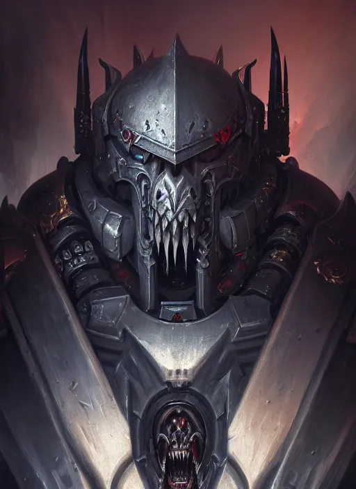 Image similar to portrait of a chaos space marine, evil, grim dark, gloomy, mist, warhammer 4 0 k, intricate, unholy, highly detailed, digital painting, artstation, concept art, smooth, sharp focus, illustration, art by wlop, mars ravelo and greg rutkowski