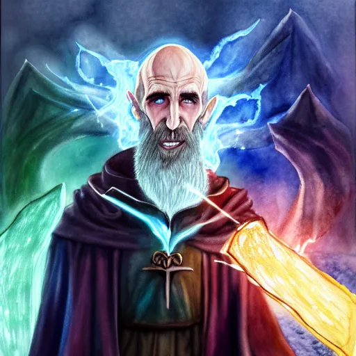 Prompt: asmongold as a wizard at hogwarts using a spell on voldemort, hyper realistic, hyper detailed, watercolor painting, fantasy, muted colors