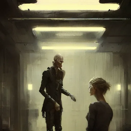 Image similar to concept art by greg rutkowski, a very tall, and slender woman with blond hair, talking with a very tall and slender mand with short black hair, brutalist futuristic interior, dark lighting atmosphere, detailed portraits, nostalgic atmosphere, scifi, digital painting, artstation, concept art, smooth, sharp foccus ilustration, artstation hq