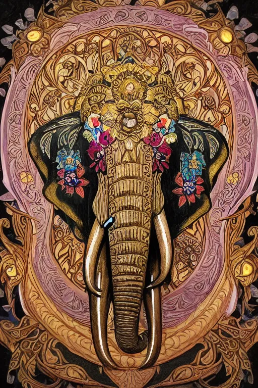 Image similar to Painted dark-wood panel relief carving of a close up of a Flowerpunk Matriarch Elephant, ornate border frame, explosion of colorful flowers, dark wood, intricately carved, black ink, festival of rich colors, intricate details, cinematic lighting, volumetric lighting, post-processing, art nouveau, tarot, fractal art, mandala, by andreas rocha and john howe, and Martin Johnson Heade, featured on artstation, featured on behance, golden ratio, hyper detailed, photorealistic, epic composition, center spotlight, f32, well composed, symmetrical, UE5, 8k