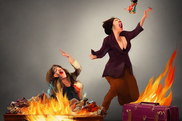 Prompt: a crazy opera singer hurries up to pack daughter's things in suitcase, surrounded with fire, clothes are flying around in room, digital art, trending on artstation, very very realistic