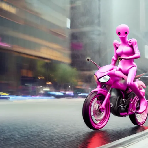 Image similar to hyper realistic, photo, humanoid pink female Squid girl, riding a motorcycle, popping wheelie fast in the rainy city traffic