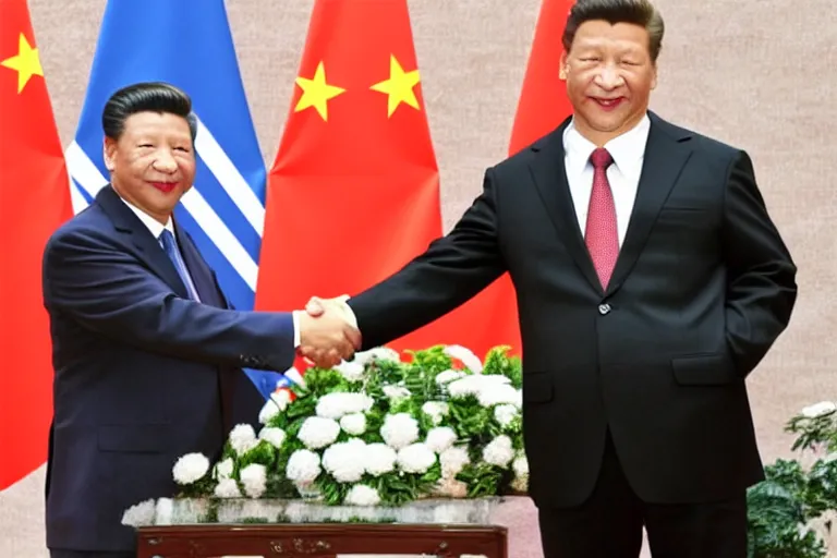 Image similar to xi jinping and arnold schwarzenegger shaking hands