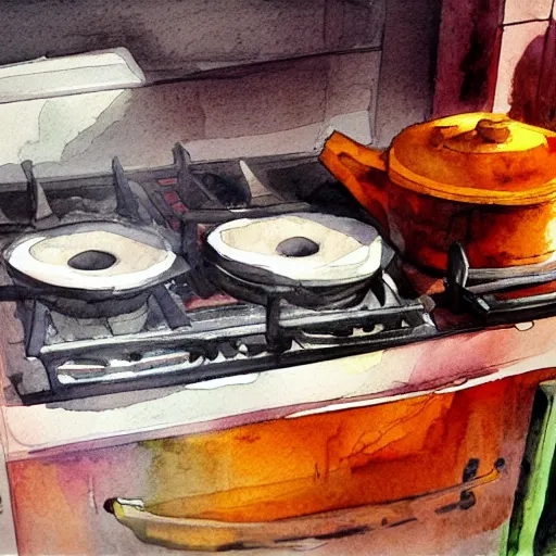 Prompt: stove, ricardo robles, watercolor, ilustration
