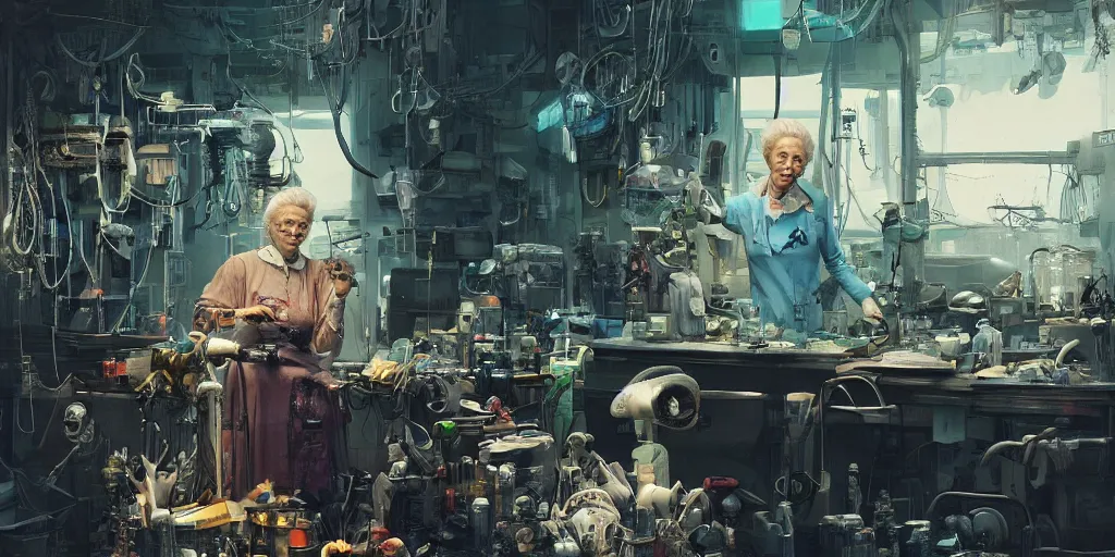 Image similar to an environmental concept art of an elderly woman cyberneticist in a cluttered workshop, surgical implements, surgery theatre, robotic arm, blood spatter, highly detailed, cinematic, dramatic, cyberpunk, dieselpunk, scifi space station, horror, ( bladerunner 2 0 4 9, cyberpunk 2 0 7 7 )