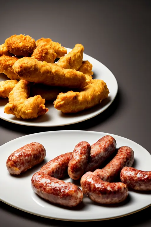 Prompt: nugget and sausage on plate, high resolution, photorealistic, smooth, details, 4 k, aesthetic lighting, baroque object, sharp focus, hyperdetailed object, professional photography, pullitzer winning, 8 0 0 mm lens, photo by : canon eos 5 d mark iv, by karah mew and adnan abidi and jodie bateman