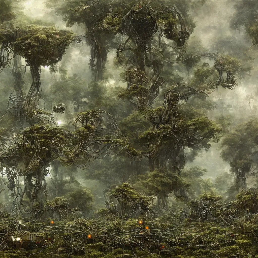 Image similar to the remnants of a broken alien supercomputer covered in wires and foliage in a mystical grove, sentry robots hovering in the air, somber melancholic matte painting, highly detailed oil painting, liminal space, 8k, stillness, solitude, sorrowful nostalgic awe-inspiring atmosphere, masterpiece