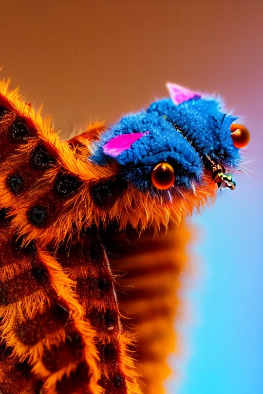 Prompt: high quality macro photo cute puss moth caterpillar! highly detailed hannah yata elson peter cinematic blue lighting high quality low angle hd 8k sharp shallow depth of field