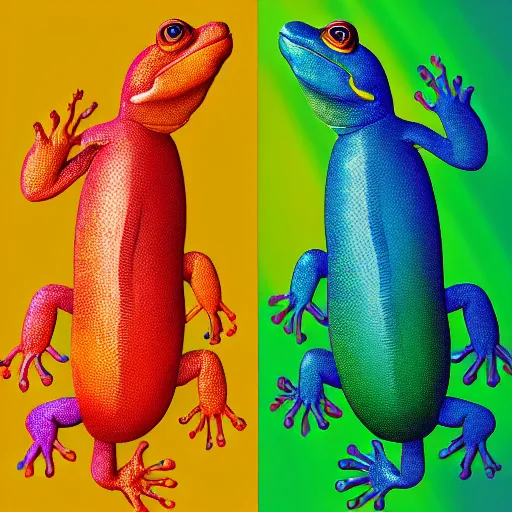 Image similar to three animals,trio, toad with wings front view holding a hand rainbow reptile front view holding hand golden lizard front view, trio, artstation, concept art, master illustration, details, good clear quality, fun - w 704