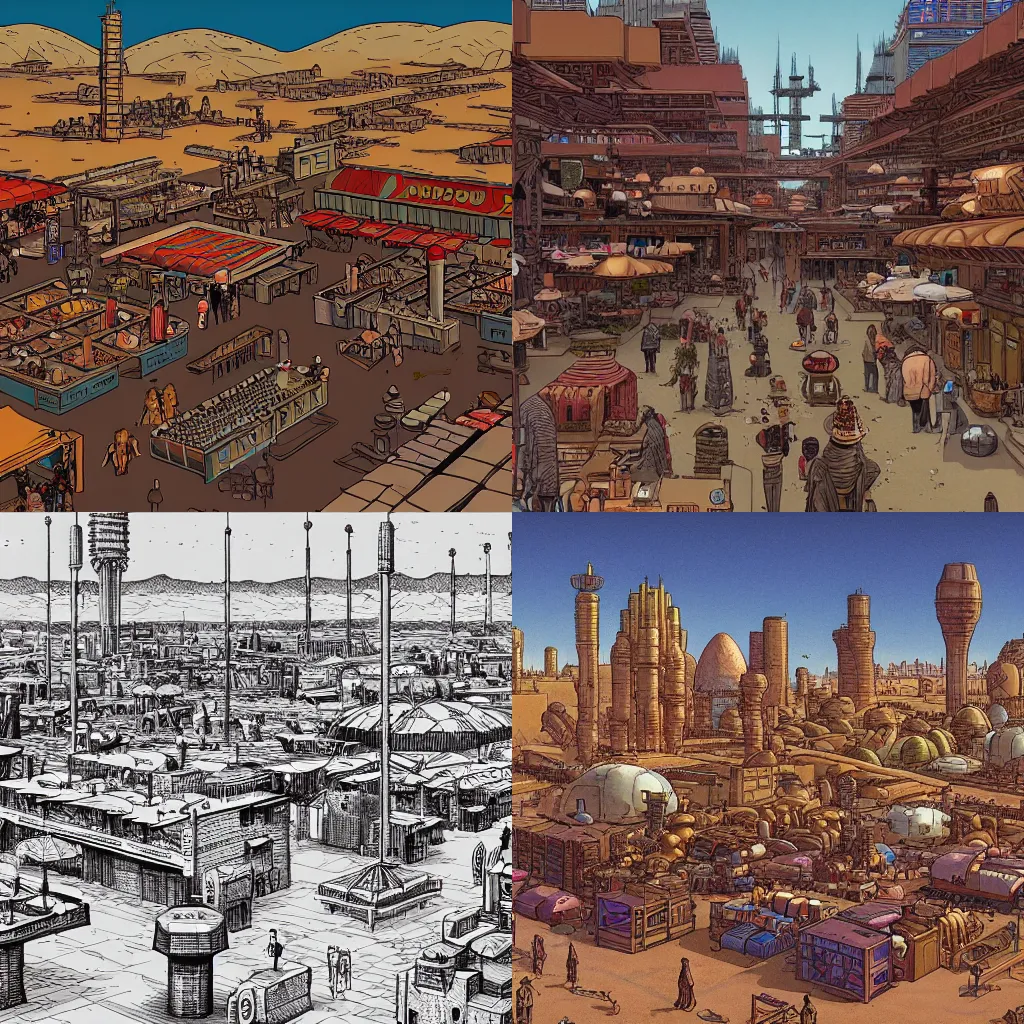 Prompt: a marketplace with lots of people in an industrial desert city in the style of moebius, Jean Giraud