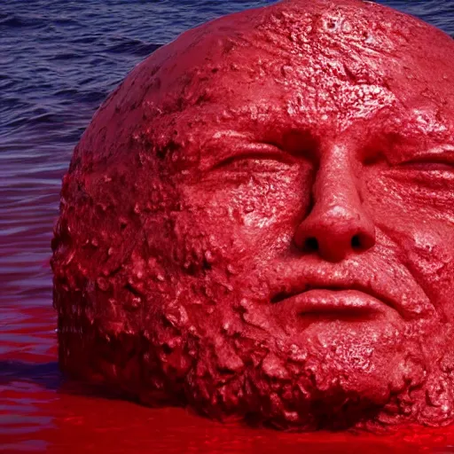 Image similar to a giant human head sculpture in the sea made out of red jelly, in the style of chad knight, long shot, hyper detailed, hyper realistic, ray tracing, 8 k resolution, sharp focus, realistic water, award winning