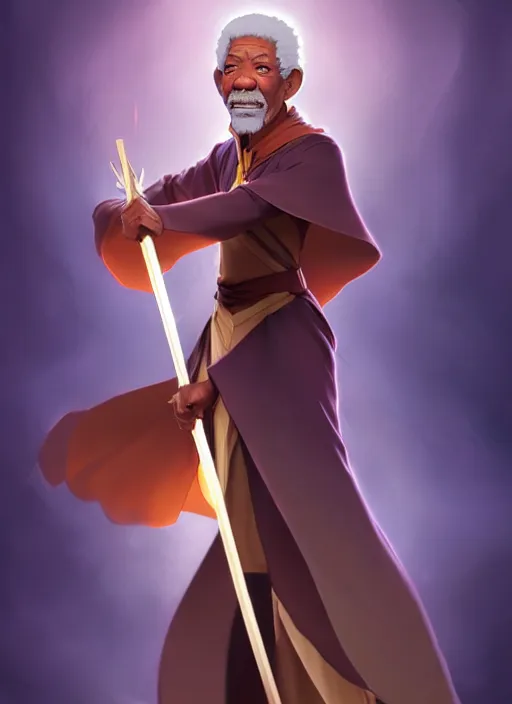 Prompt: elegant fantasy wizard based on morgan freeman holding a broom natural lighting, path traced, highly detailed, high quality, digital painting, by don bluth and ross tran and studio ghibli and alphonse mucha, artgerm