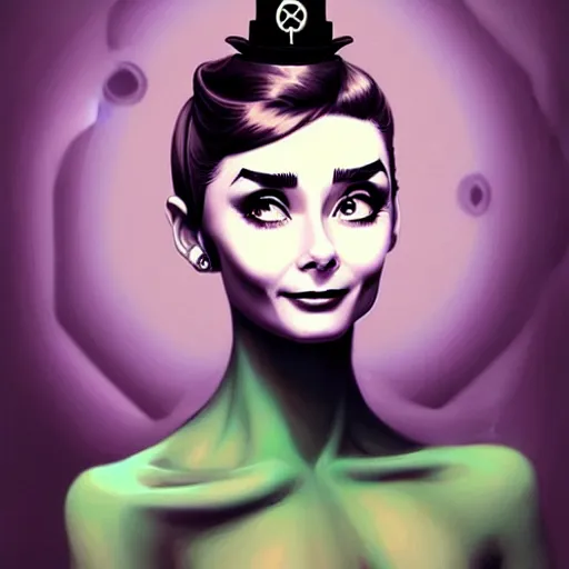 Prompt: in the style of peter mohrbacher, artgerm, beautiful audrey hepburn, steampunk, elegant pose, middle shot, spooky, symmetrical face symmetrical eyes, three point lighting, detailed realistic eyes, short neck, purple and green top clothing, insanely detailed and intricate elegant