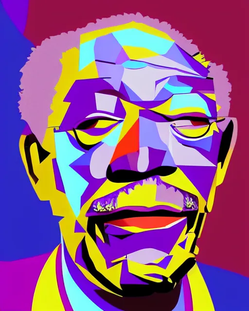 Prompt: cubist portrait of morgan freeman cutout digital illustration cartoon colorful beeple