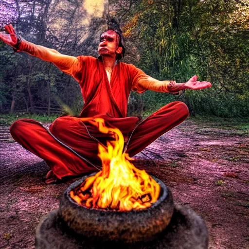 Prompt: Rakshasha sorcerer meditating in fire, HDR photography