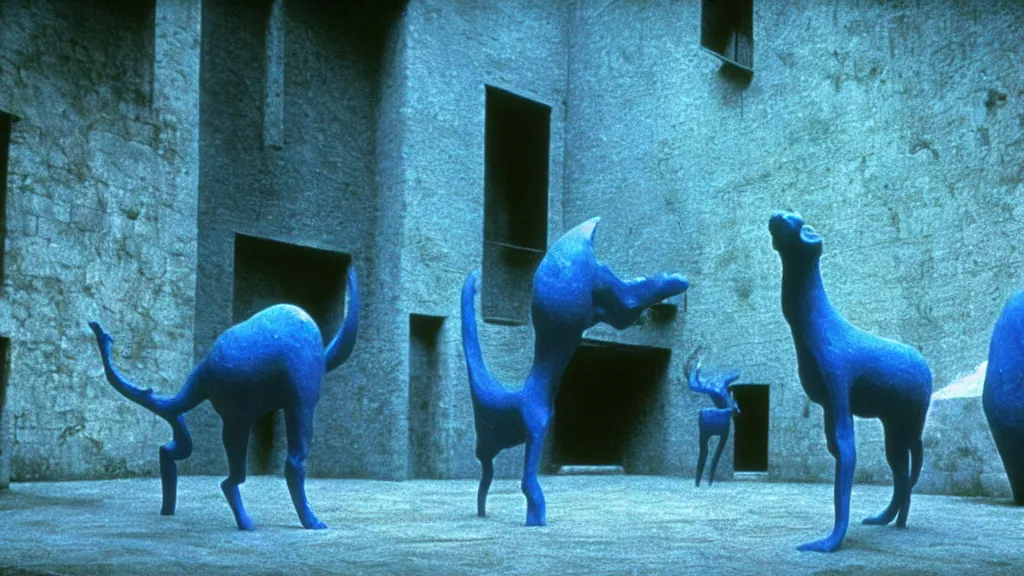 Image similar to the square creature in courtyard, made of blue liquid, surrounded by animals, film still from the movie directed by denis villeneuve and david cronenberg with art direction by salvador dali and zdzisław beksinski, wide lens