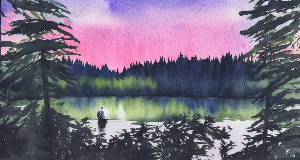 Prompt: watercolor painting of flowers by the lake, forest in the background, dramatic lighting, peaceful, joseph biden sitting