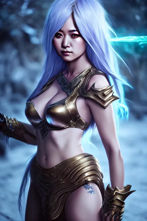 Prompt: sakimi chan, unreal engine, fantasy armor, detailed face, curvy, white skin, dramatic lighting, tony sart