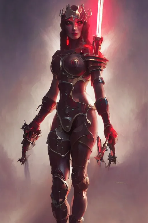 Image similar to Portrait of beautiful pale smiling cyborg maiden in bikini armor with crown of thorns and glowing red eyes, cyberpunc, Warhammer 40000, digital art from artstation by Ruan Jia and Mandy Jurgens and Artgerm and william-adolphe bouguereau